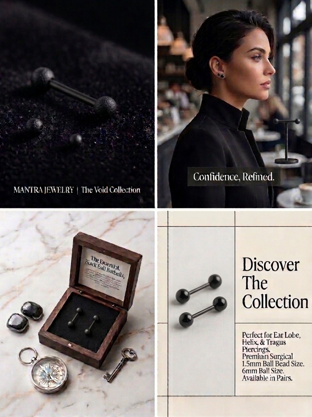 Black Ball Barbell Earrings — Pair
